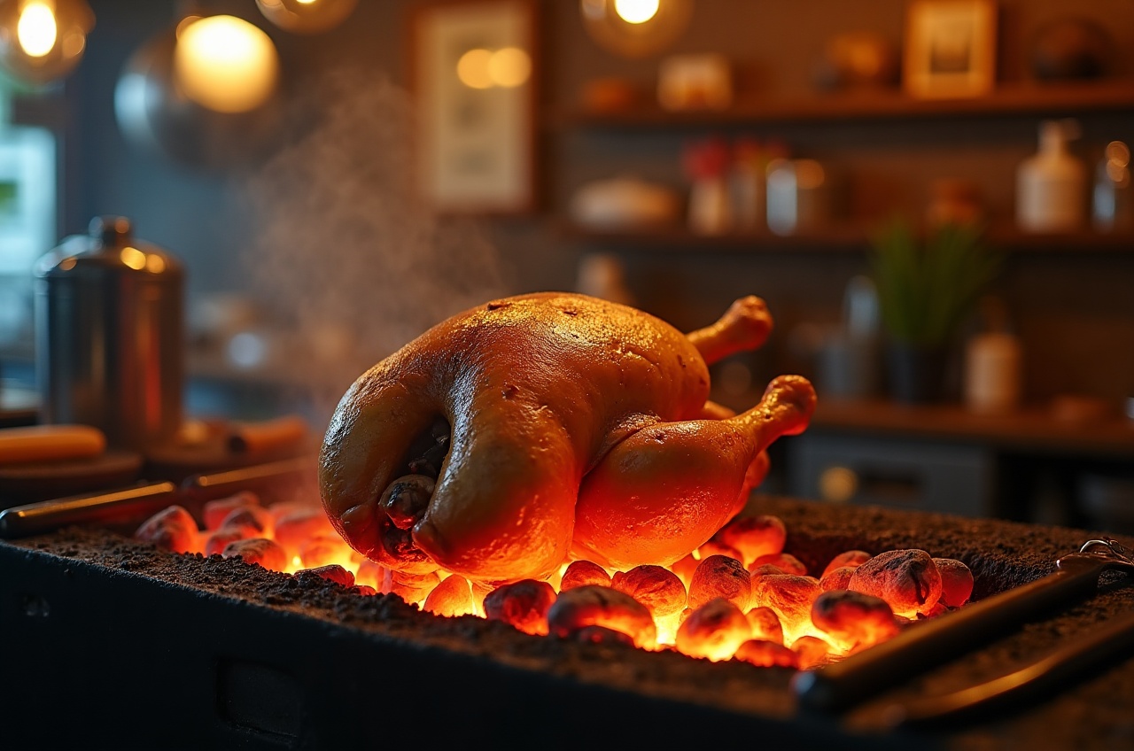 Whole chicken on a charcoal grill, embers glowing underneath, tongs resting beside it