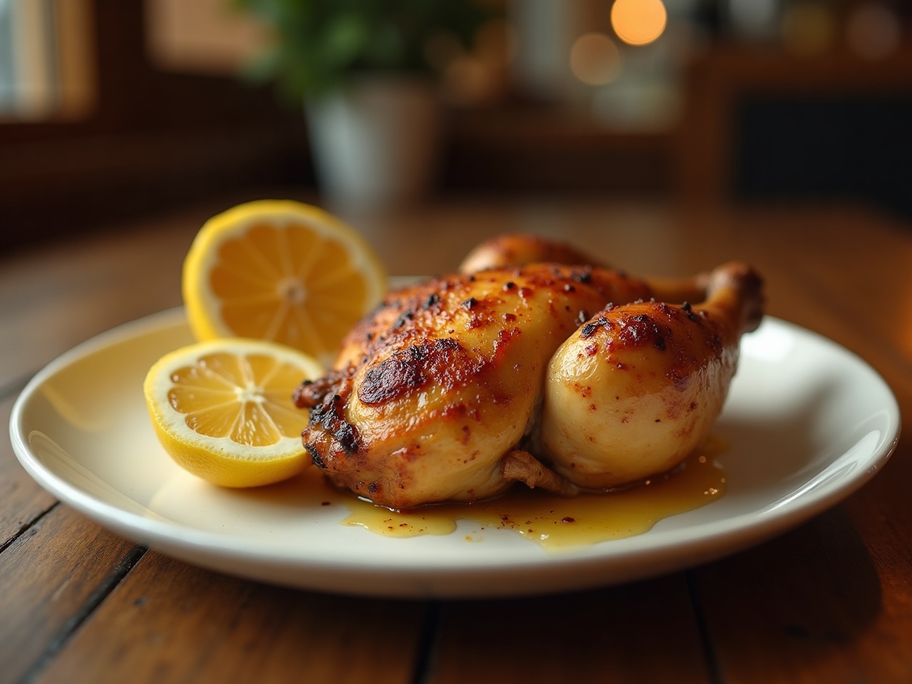 Half roasted chicken on a white plate with charred lemon half