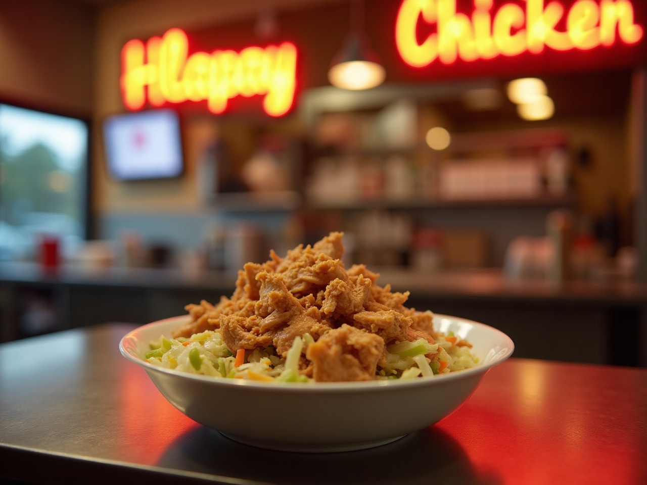 Shredded chicken over slaw in a takeaway bowl on a cafe counter
