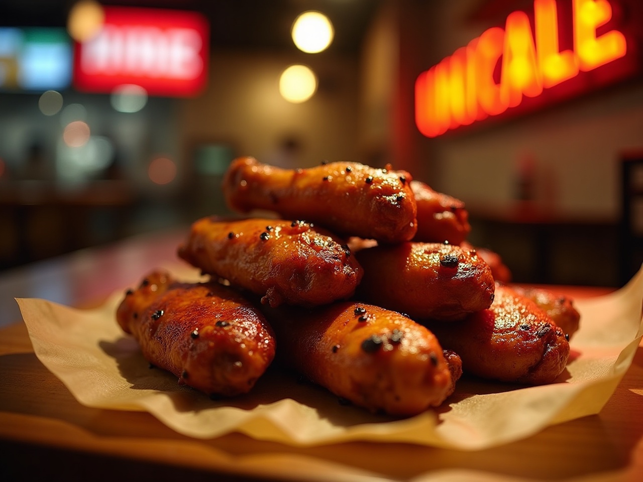 Six charred chicken wings piled on butcher paper
