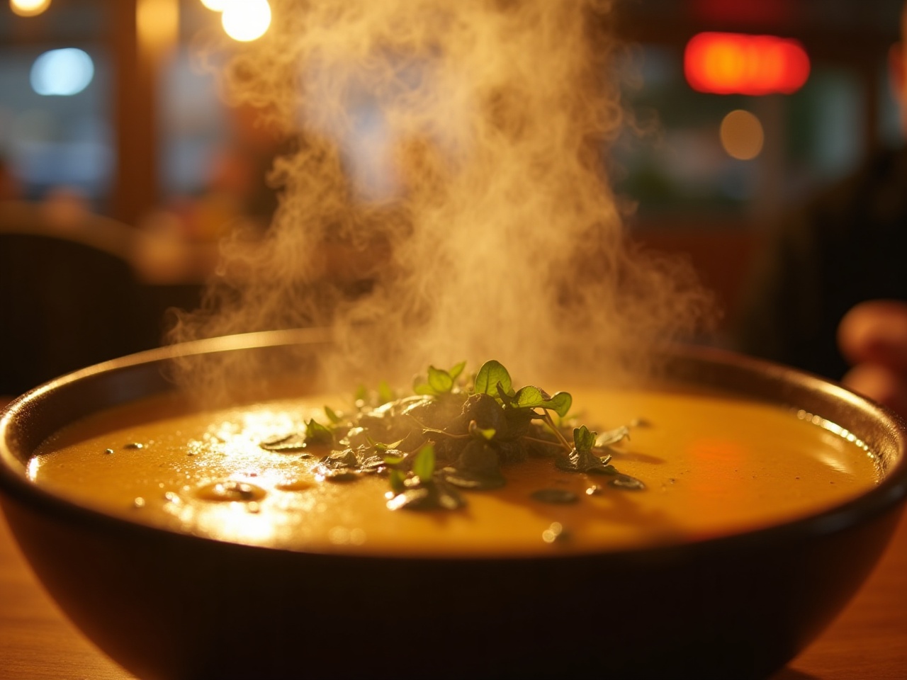 Steam rising from a bowl of golden broth with herbs floating on top