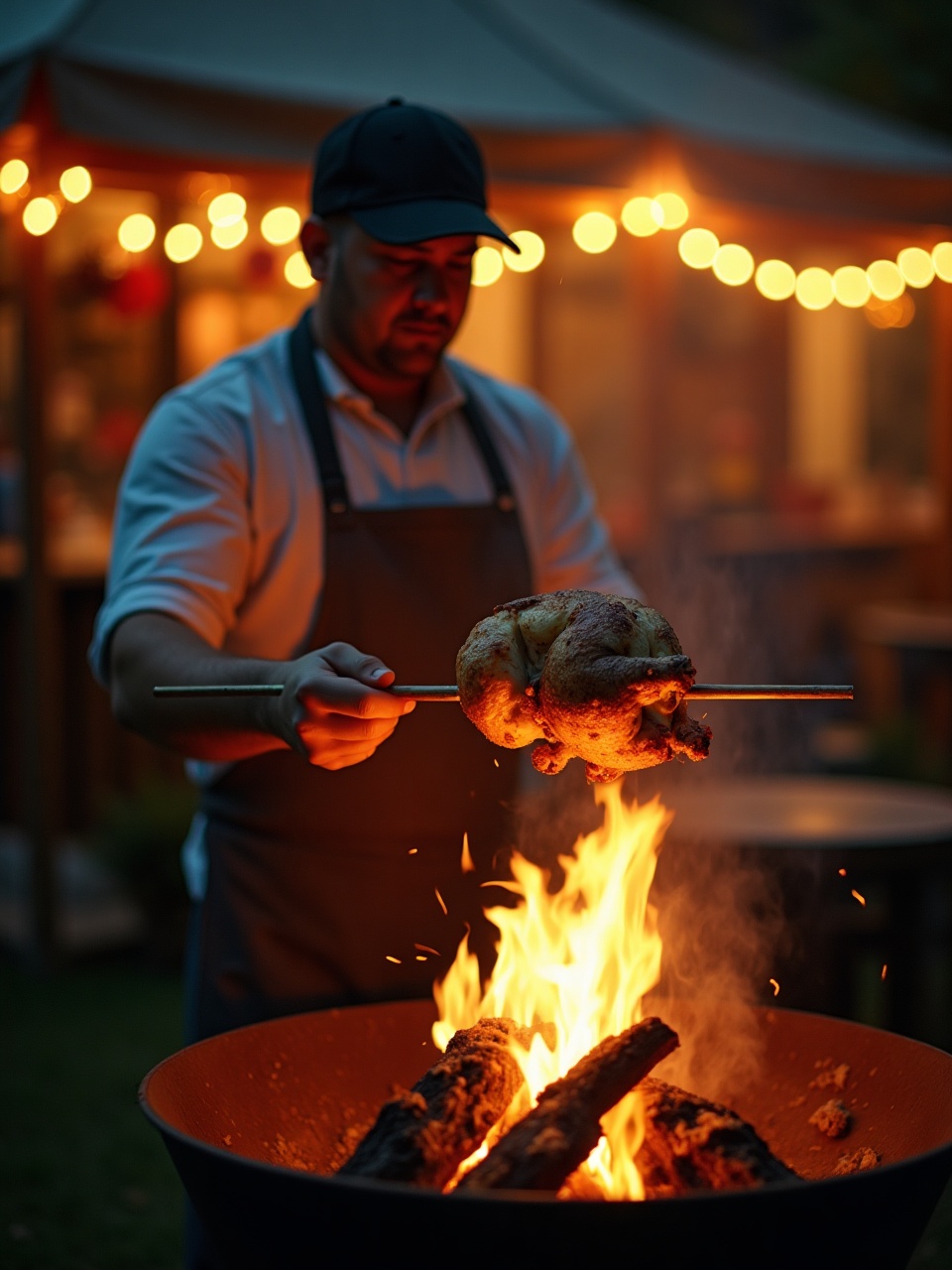 Cook tending a backyard fire pit with a whole chicken skewered above the flame