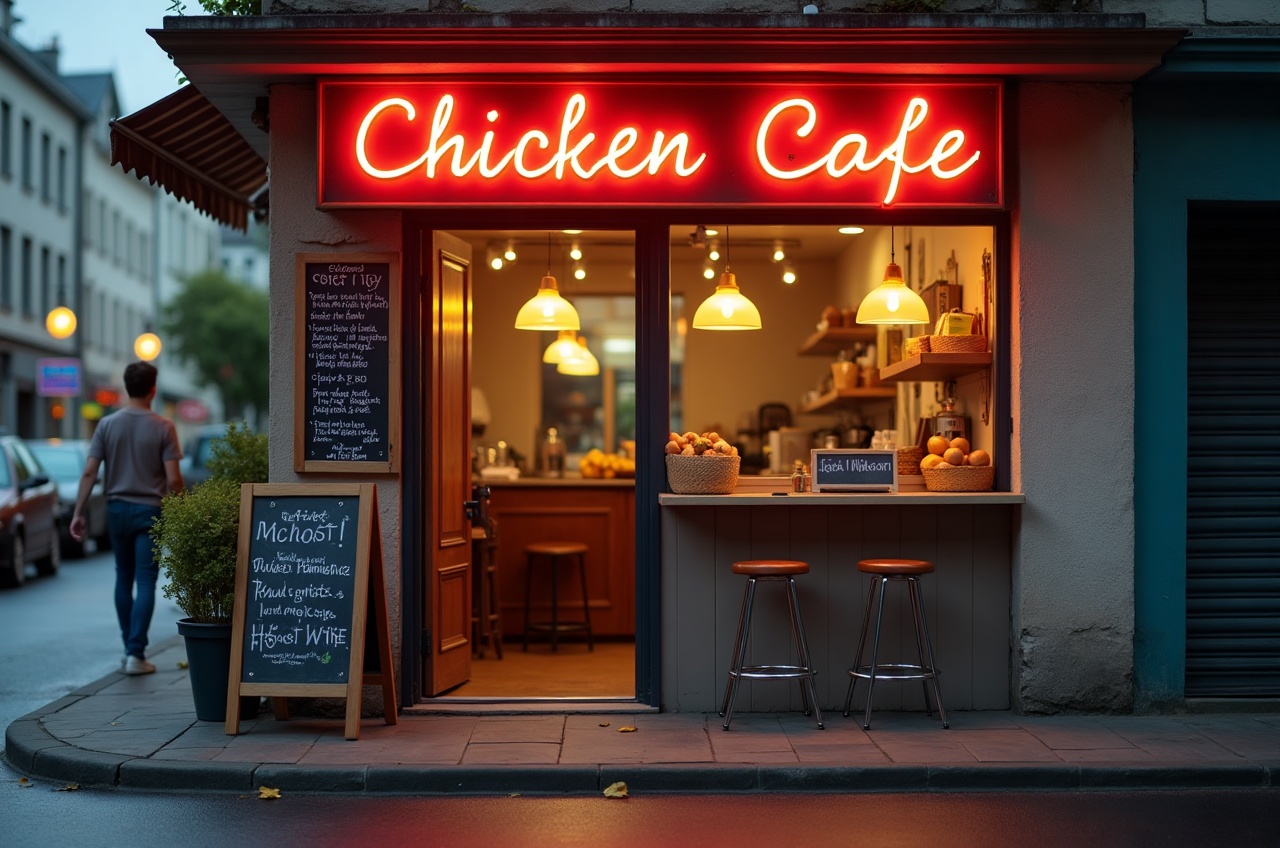 Street view of a small corner cafe with an open door and a chalkboard menu sign outside